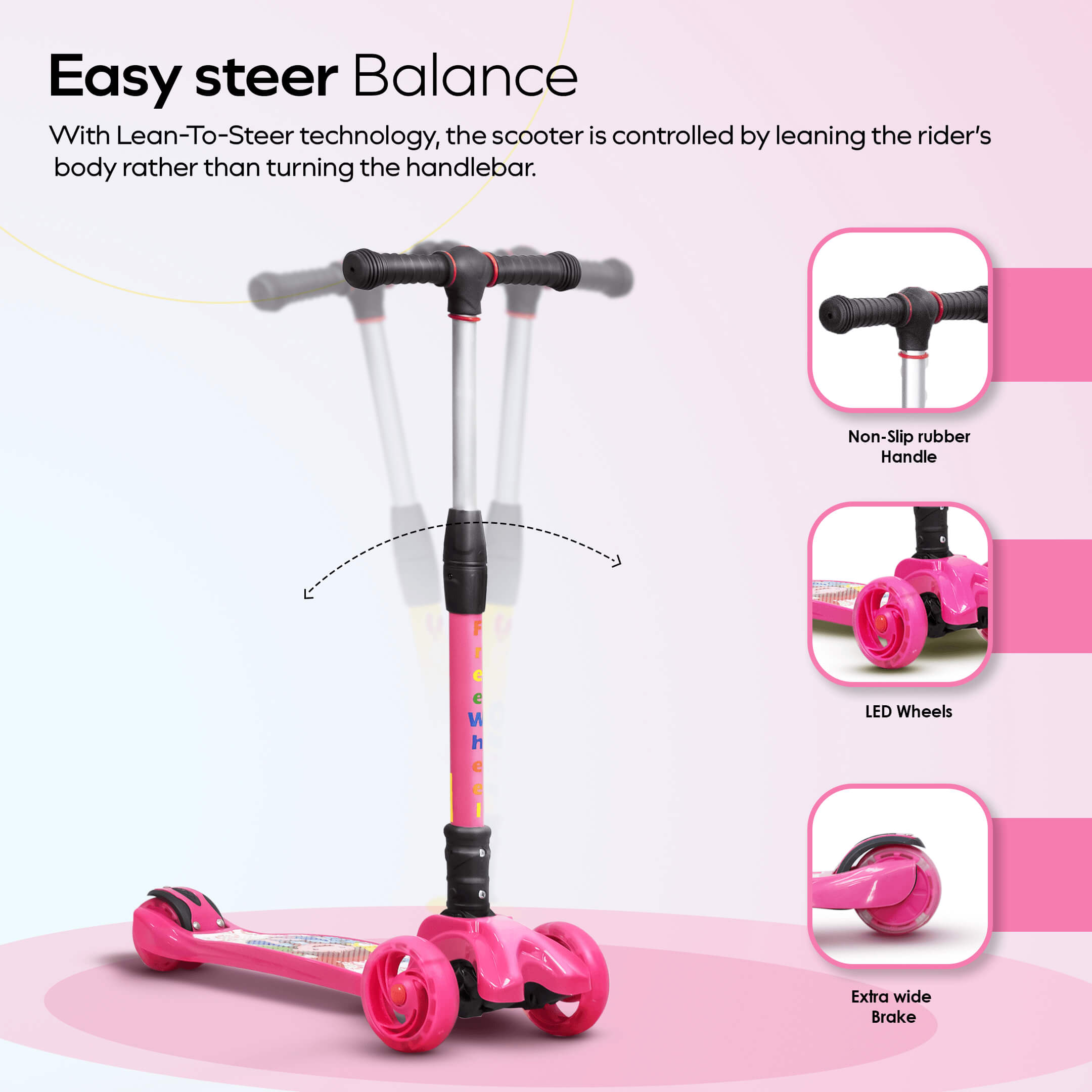 HAPPY BEAR - Kick Scooter with Adjustable Handlebar, LED PU Wheels with Brake - HBM_freewheel_pink