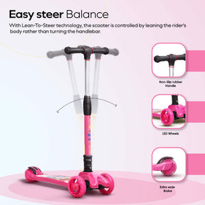 HAPPY BEAR - Kick Scooter with Adjustable Handlebar, LED PU Wheels with Brake - HBM_freewheel_pink