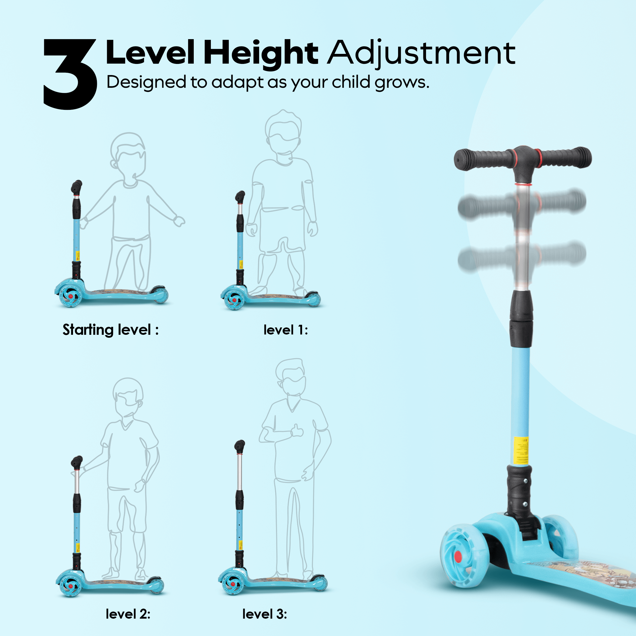HAPPY BEAR - Kick Scooter with Adjustable Handlebar, LED PU Wheels with Brake - HBM_freewheel_blue