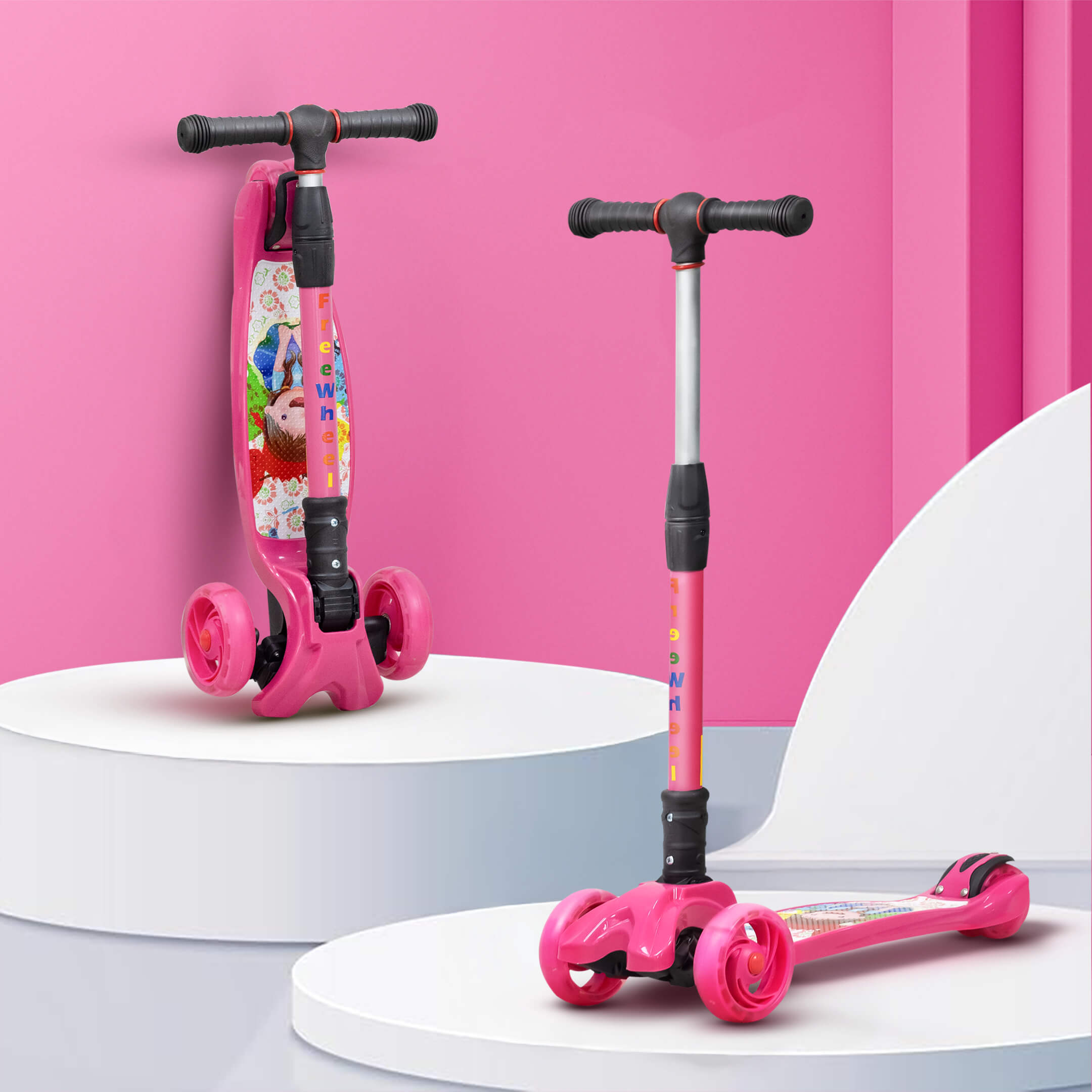 HAPPY BEAR - Kick Scooter with Adjustable Handlebar, LED PU Wheels with Brake - HBM_freewheel_pink