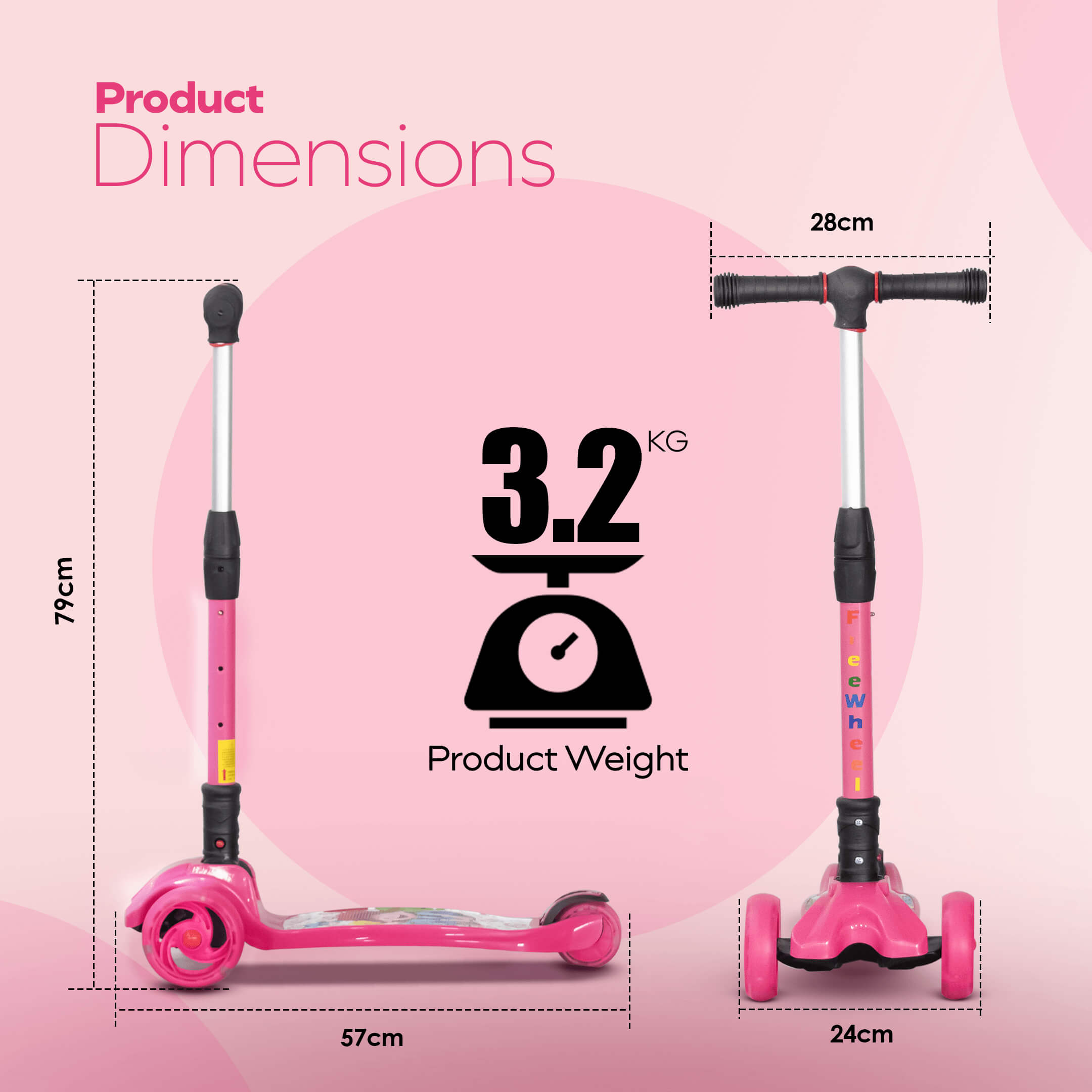 HAPPY BEAR - Kick Scooter with Adjustable Handlebar, LED PU Wheels with Brake - HBM_freewheel_pink