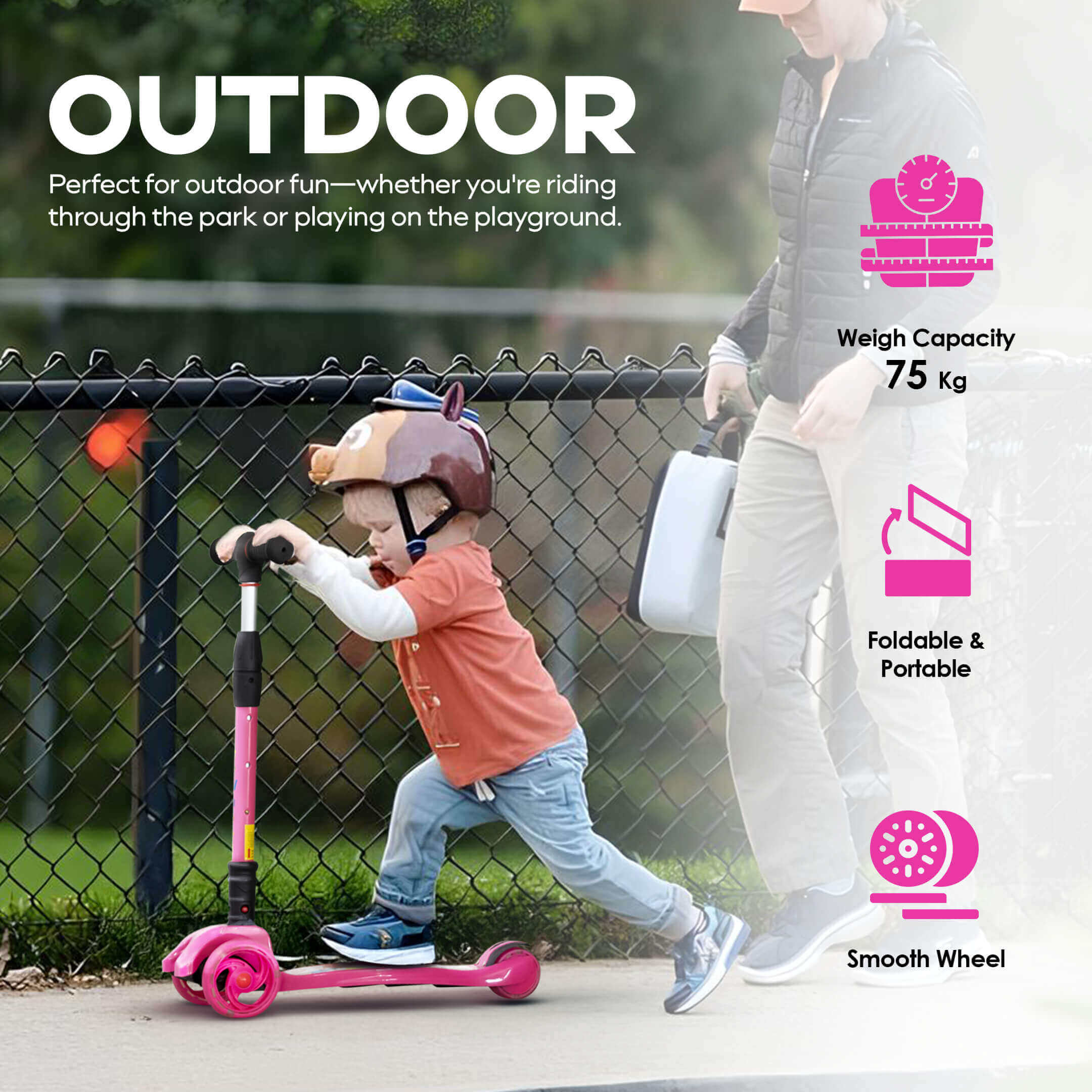 HAPPY BEAR - Kick Scooter with Adjustable Handlebar, LED PU Wheels with Brake - HBM_freewheel_pink
