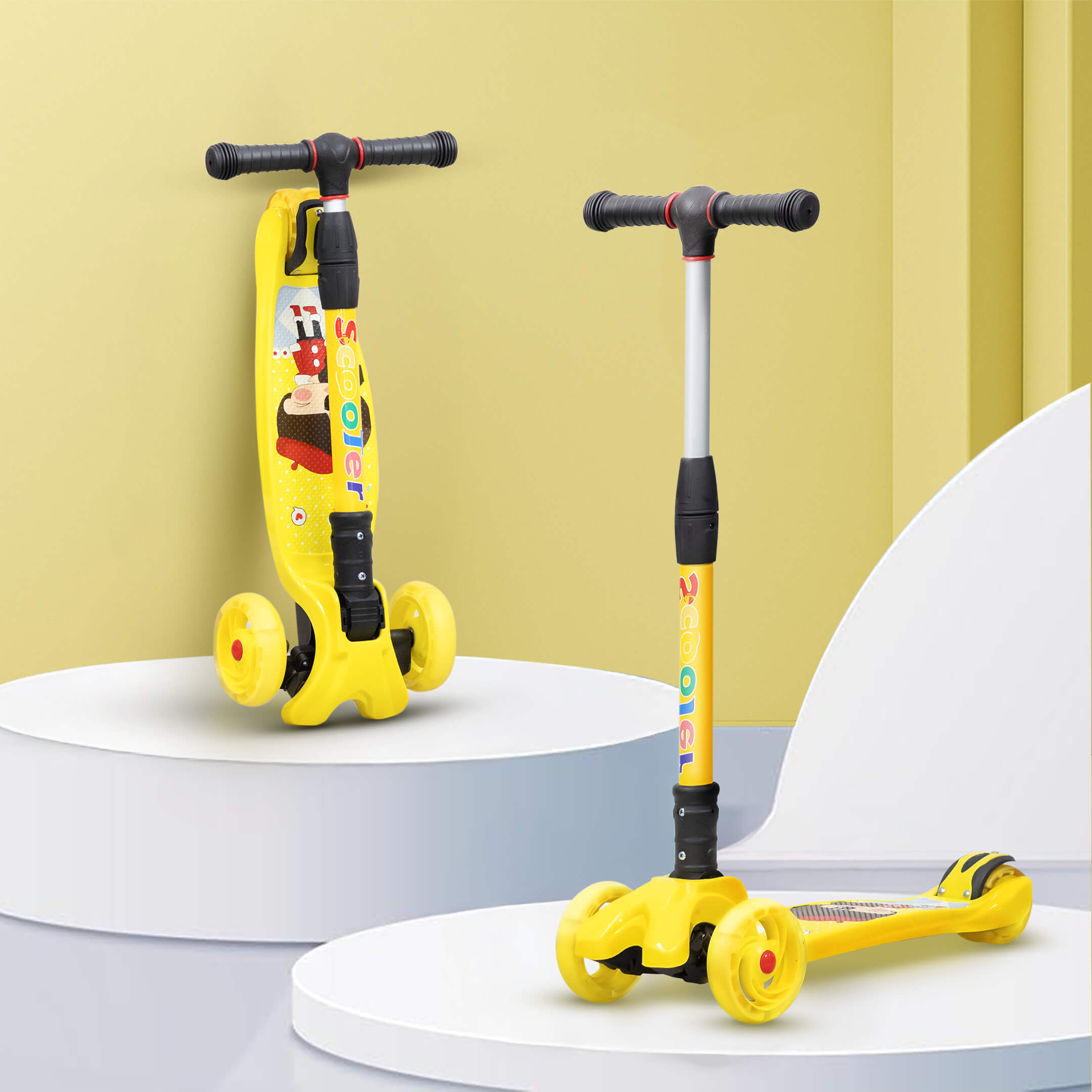 HAPPY BEAR - Kick Scooter with Adjustable Handlebar, LED PU Wheels with Brake - HBM_freewheel_yellow