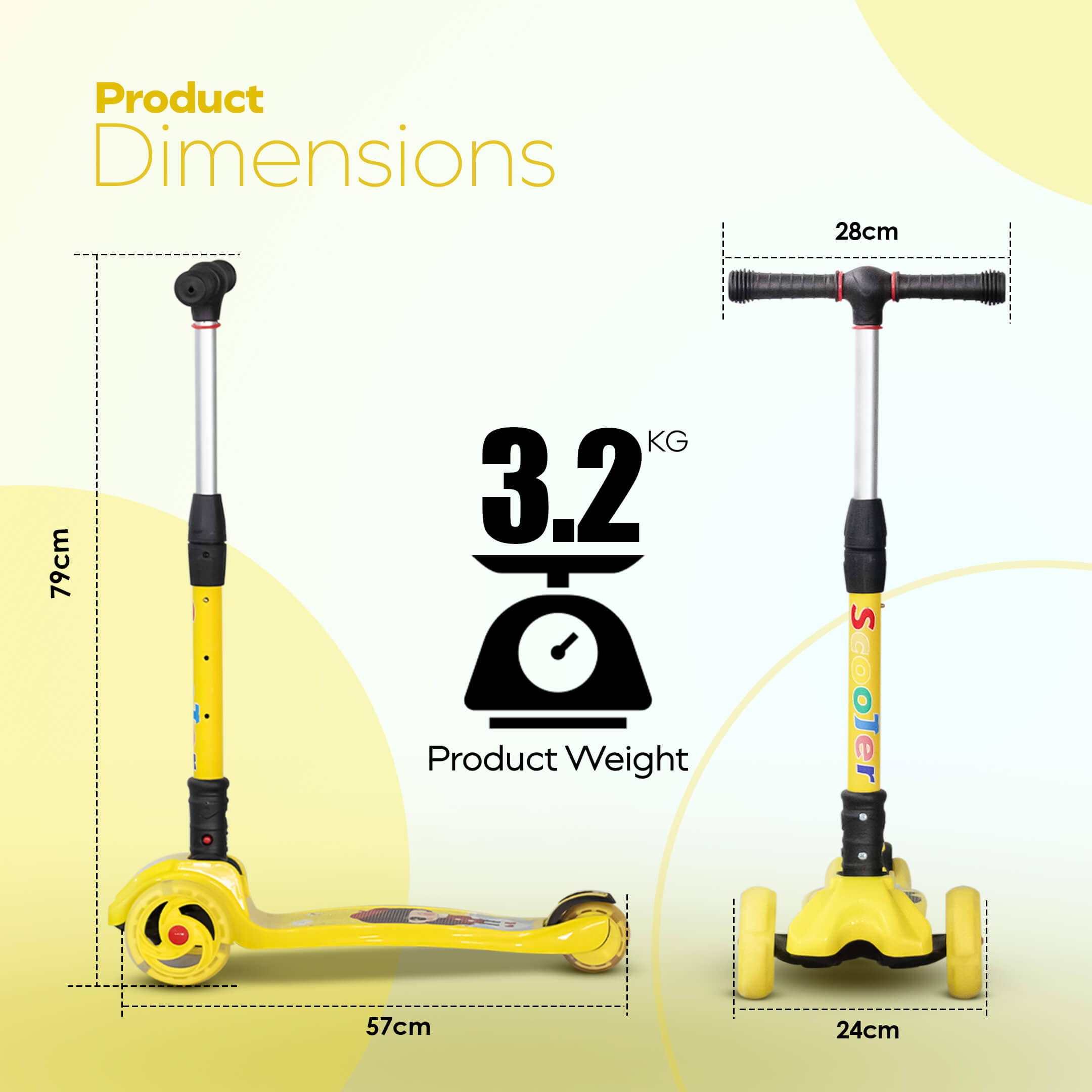 HAPPY BEAR - Kick Scooter with Adjustable Handlebar, LED PU Wheels with Brake - HBM_freewheel_yellow