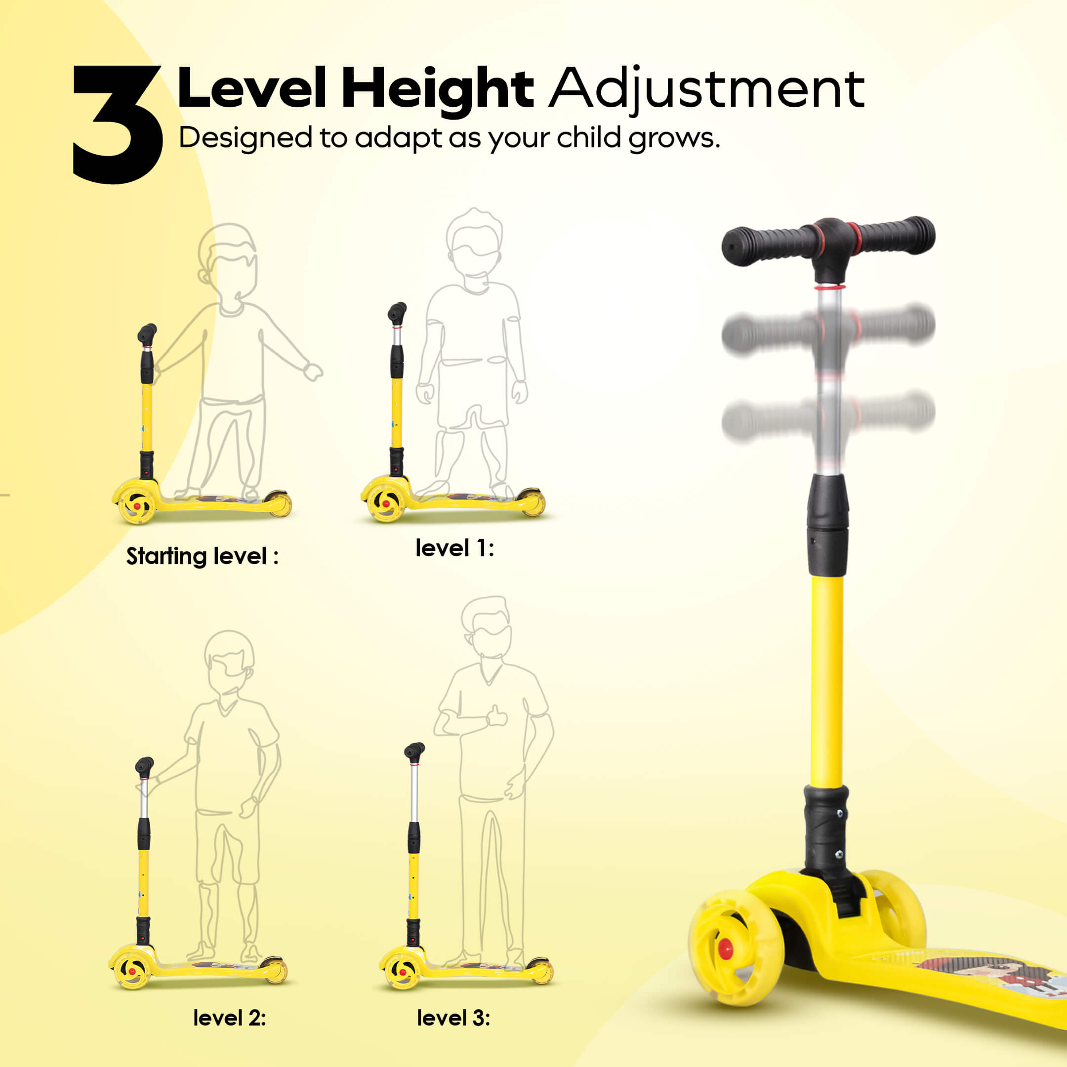 HAPPY BEAR - Kick Scooter with Adjustable Handlebar, LED PU Wheels with Brake - HBM_freewheel_yellow