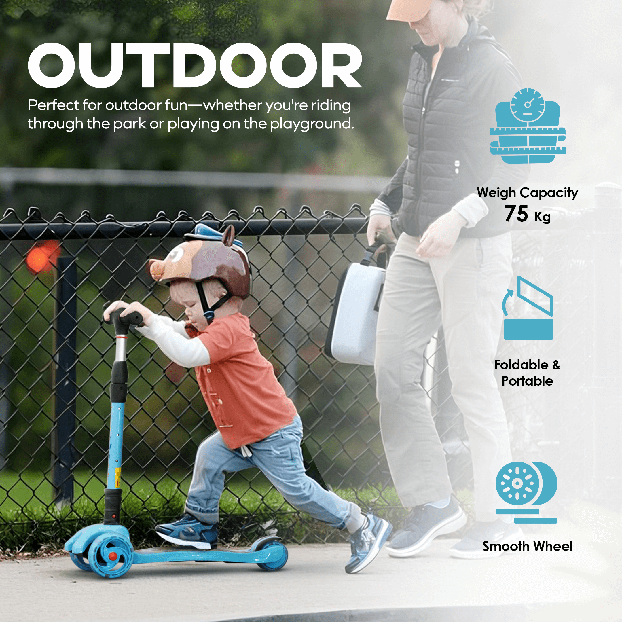 HAPPY BEAR - Kick Scooter with Adjustable Handlebar, LED PU Wheels with Brake - HBM_freewheel_blue