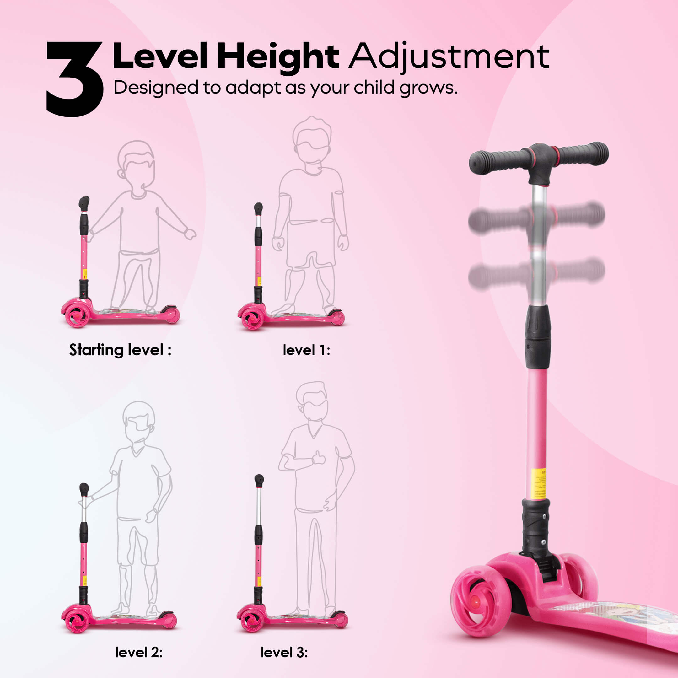 HAPPY BEAR - Kick Scooter with Adjustable Handlebar, LED PU Wheels with Brake - HBM_freewheel_pink