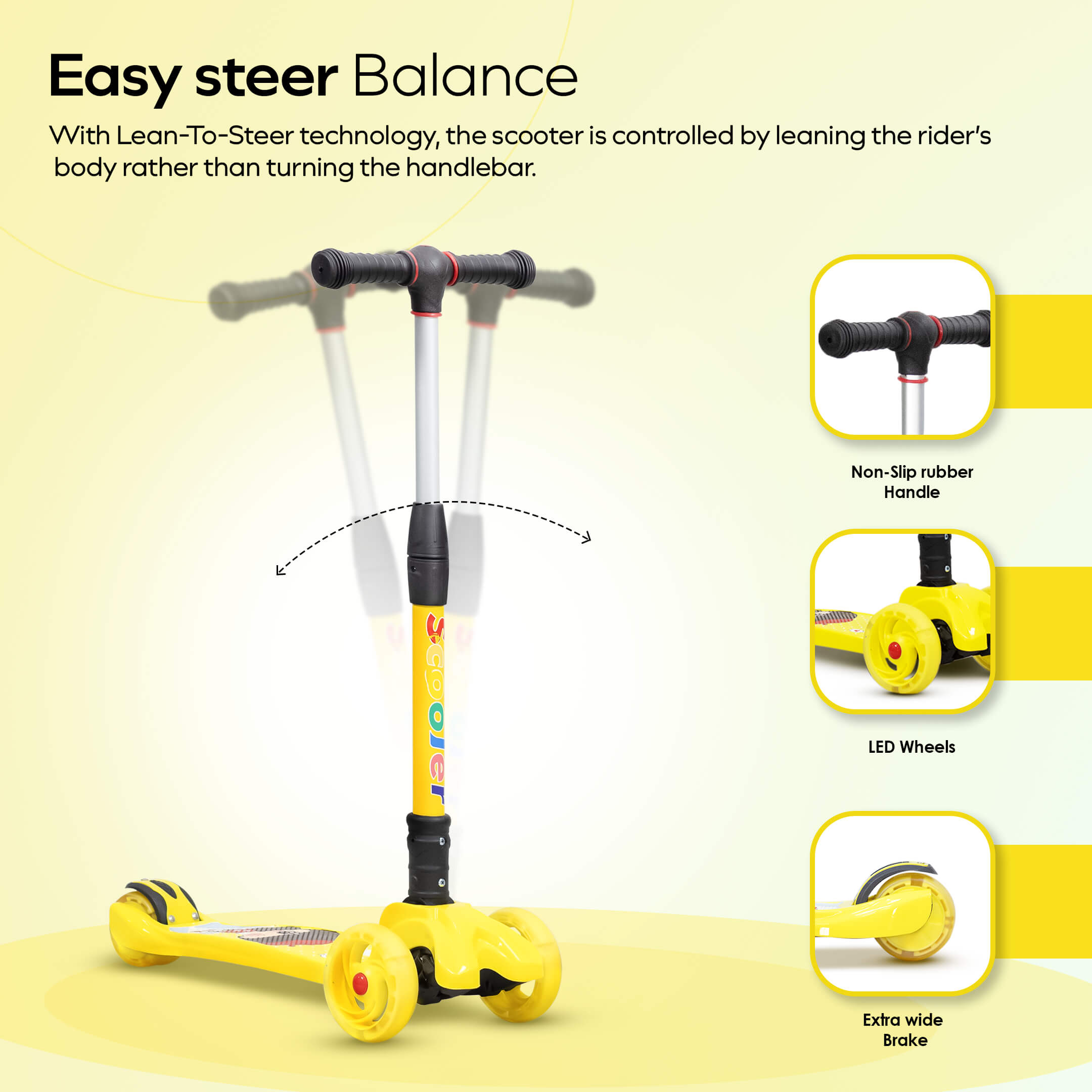 HAPPY BEAR - Kick Scooter with Adjustable Handlebar, LED PU Wheels with Brake - HBM_freewheel_yellow