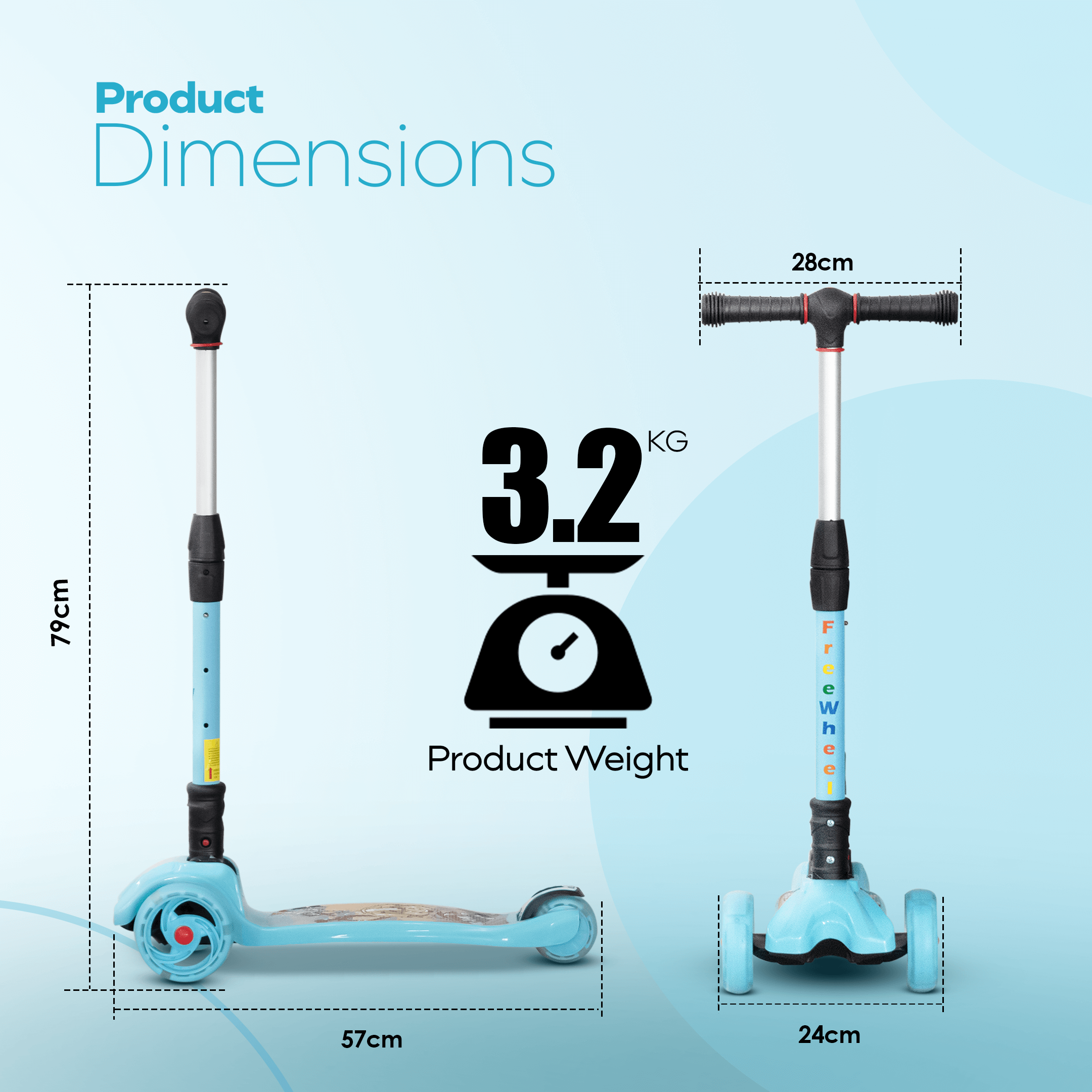 HAPPY BEAR - Kick Scooter with Adjustable Handlebar, LED PU Wheels with Brake - HBM_freewheel_blue