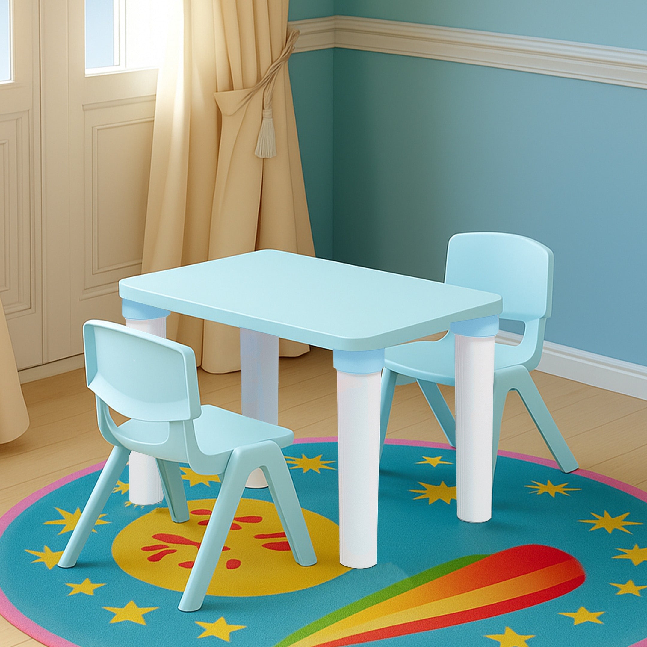 Happy Bear Kids Study Table & Double Chair Set (2 - 6 Years) - TABLE&DOUBLE CHAIR - BLUE Table and Chair