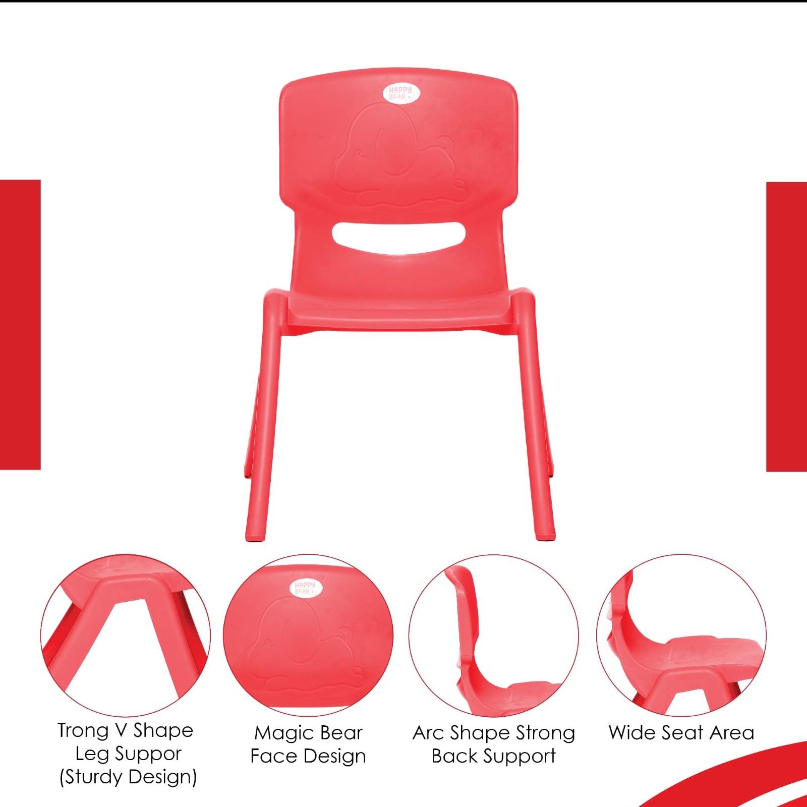 HAPPY BEAR Plastic Kids Chair | Durable and Lightweight | Modern & Comfortable - HBM_Chair_red