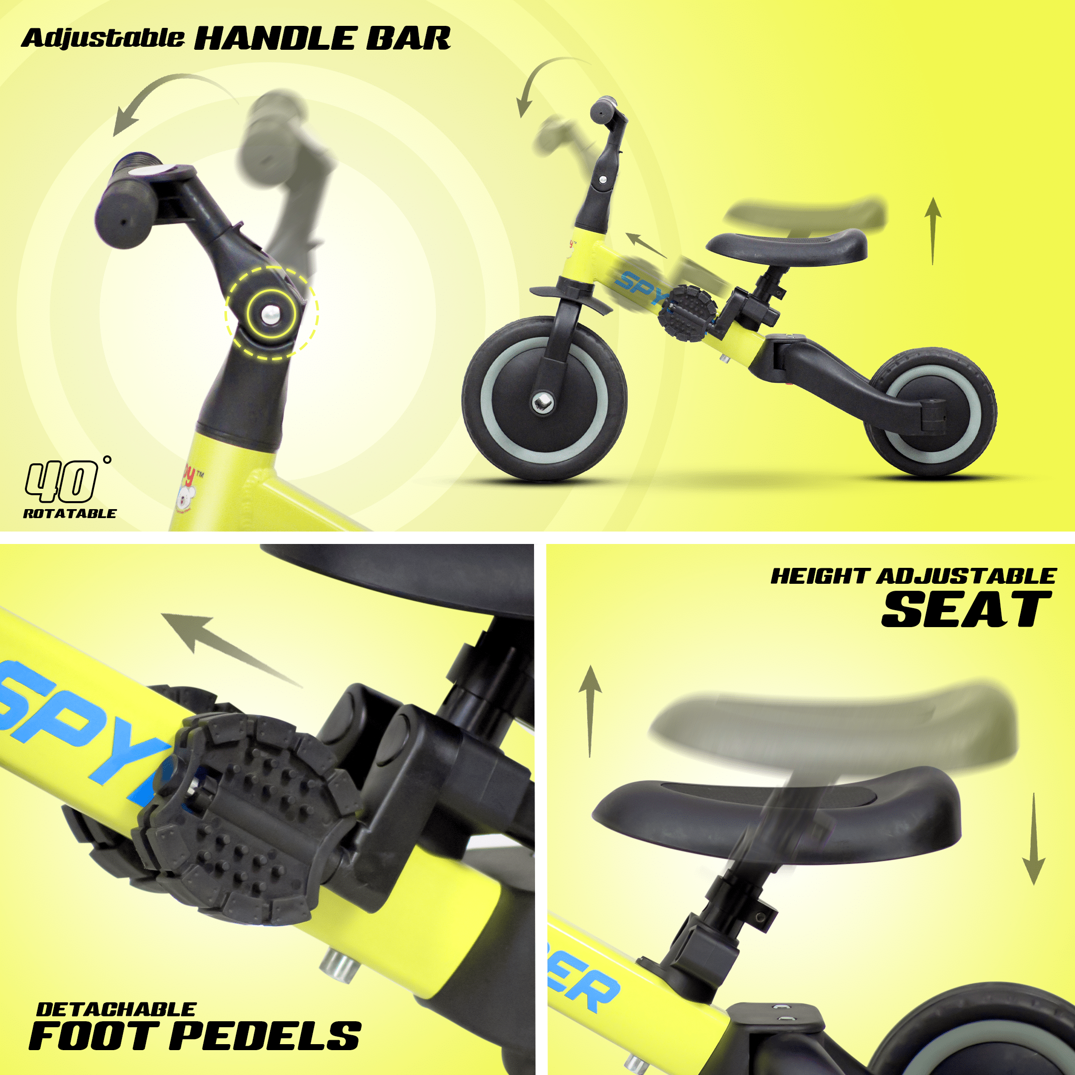 Happy Bear Spyder 3 in 1 Tricycle for kids 2 to 5 years - HBM_tricycle_yellow