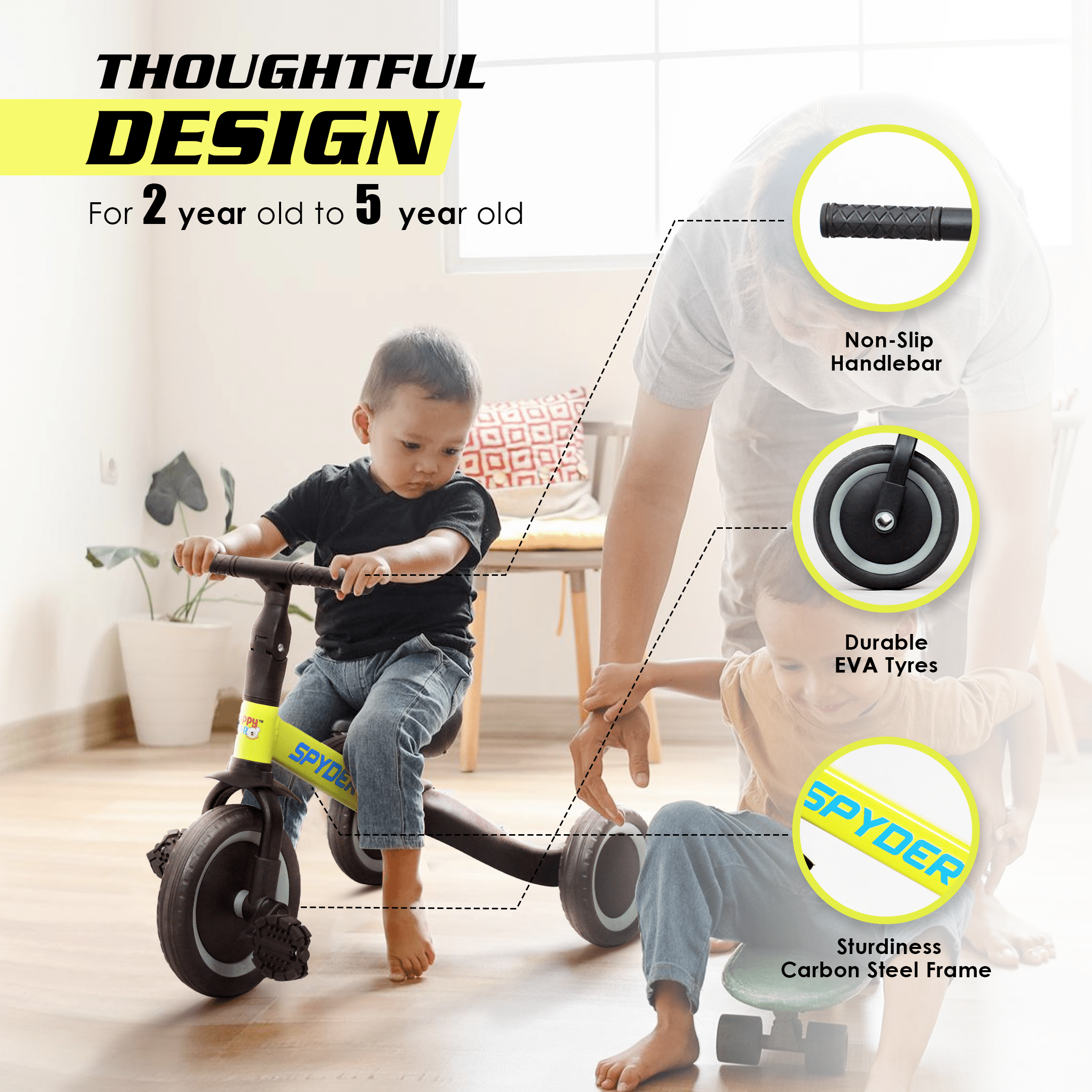 Happy Bear Spyder 3 in 1 Tricycle for kids 2 to 5 years - HBM_tricycle_yellow