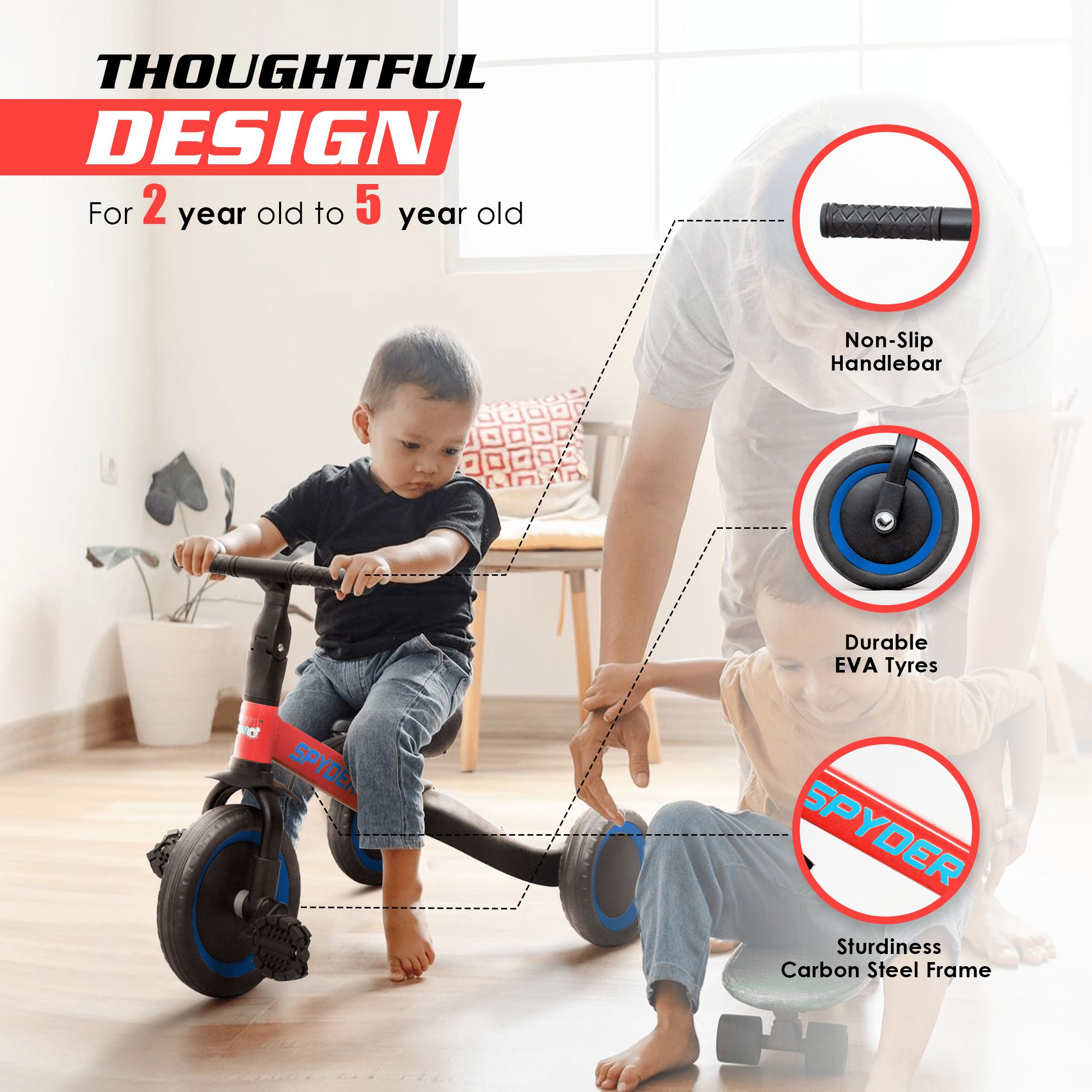 Happy Bear Spyder 3 in 1 Tricycle for kids 2 to 5 years - HBM_tricycle_red