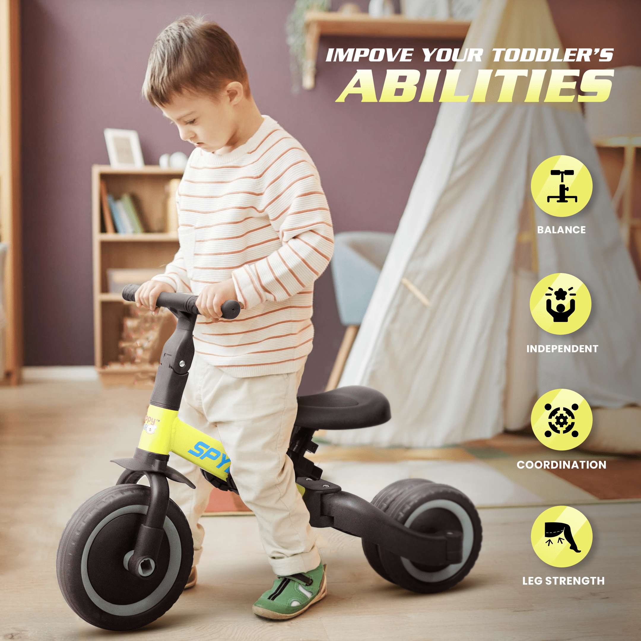 Happy Bear Spyder 3 in 1 Tricycle for kids 2 to 5 years - HBM_tricycle_yellow