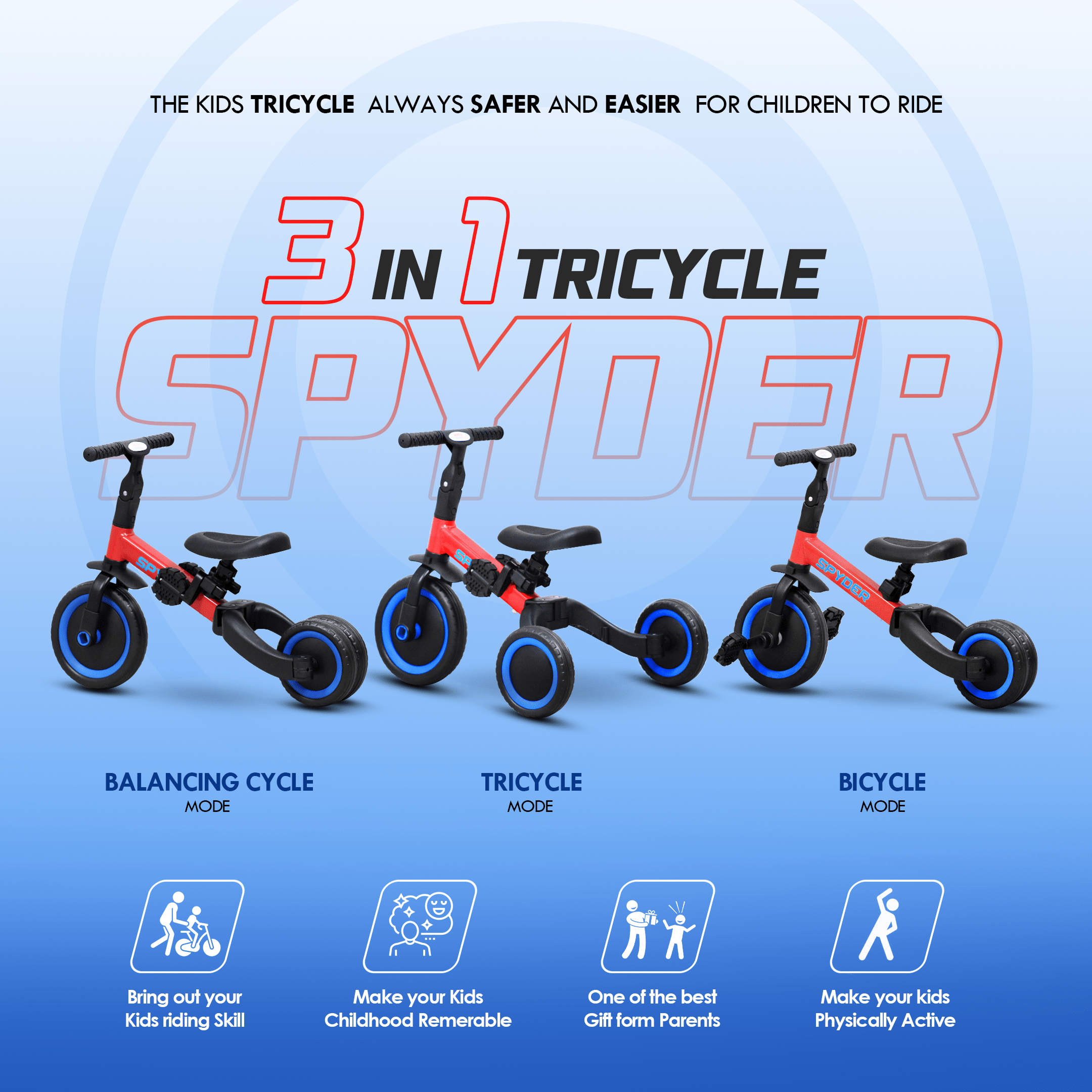 Happy Bear Spyder 3 in 1 Tricycle for kids 2 to 5 years - HBM_tricycle_red