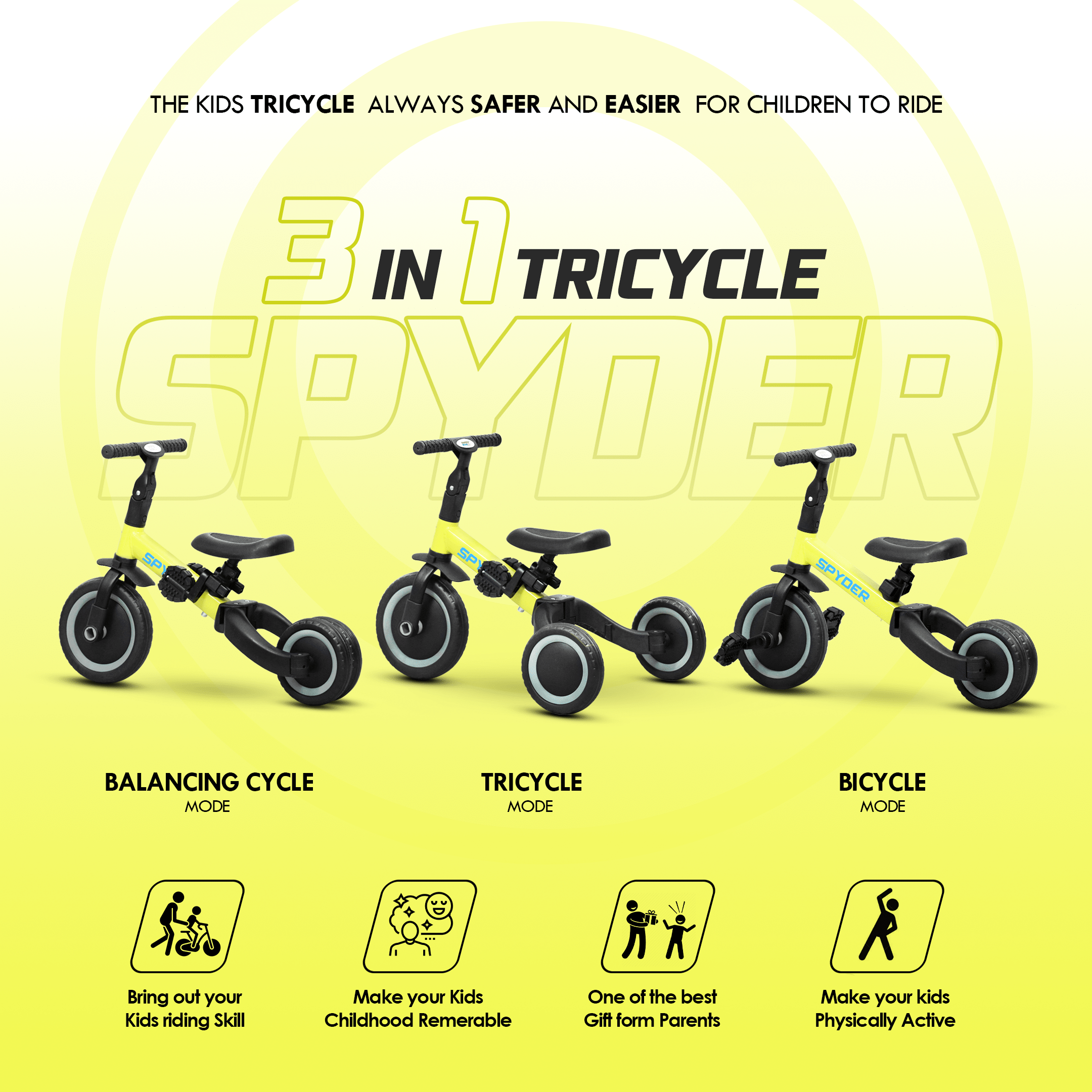 Happy Bear Spyder 3 in 1 Tricycle for kids 2 to 5 years - HBM_tricycle_yellow