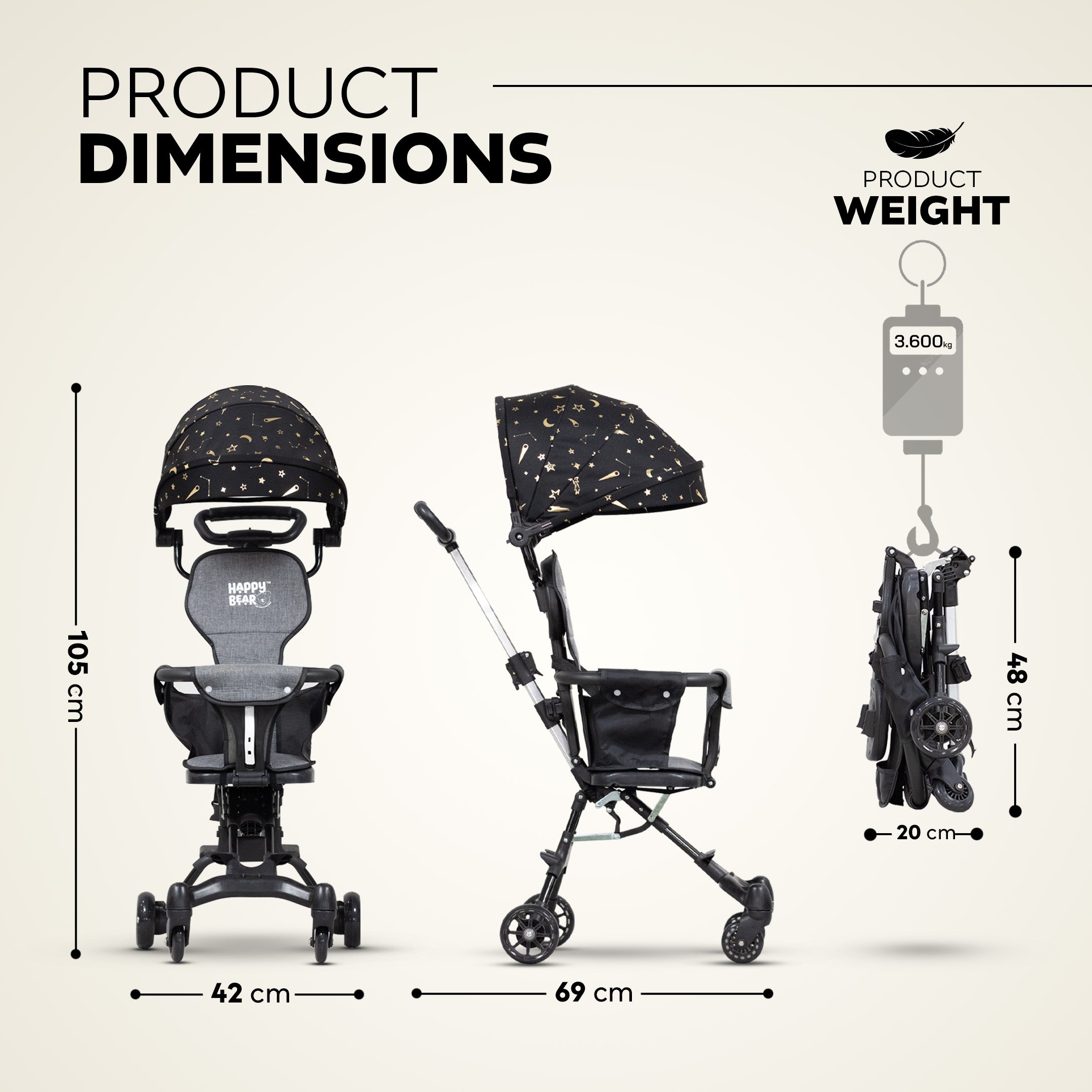 Happy Bear Twinkle Stroller for babys 7 to 36 months - HBM_Twinkle stroller_black