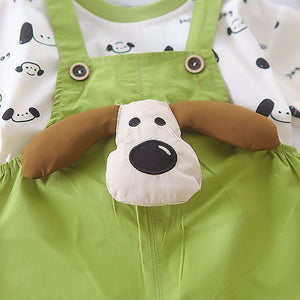 Happy Dog Green & White 2 Pcs Dungary Style Set For Toddlers And Kids - 1 - 2 Years Kids Clothing
