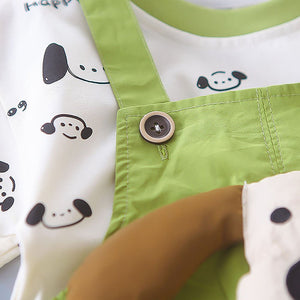 Happy Dog Green & White 2 Pcs Dungary Style Set For Toddlers And Kids - 1 - 2 Years Kids Clothing