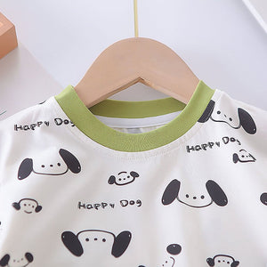 Happy Dog Green & White 2 Pcs Dungary Style Set For Toddlers And Kids - 1 - 2 Years Kids Clothing