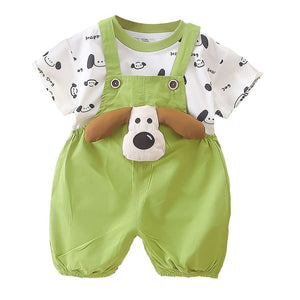 Happy Dog Green & White 2 Pcs Dungary Style Set For Toddlers And Kids - 1 - 2 Years Kids Clothing