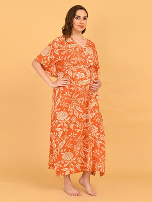 Happy Hues Maternity and Nursing Kaftan Nighty three-quarter pose with model smiling and hands raised, highlighting wide sleeves.