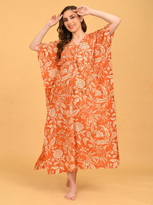 Happy Hues Maternity and Nursing Kaftan Nighty full-length front view showcasing flowy kaftan silhouette and side slits.