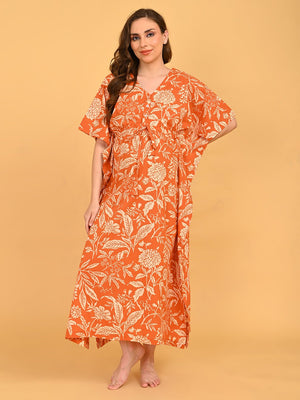 Happy Hues Maternity and Nursing Kaftan Nighty front view with hand on baby bump, emphasizing bump-friendly fit.