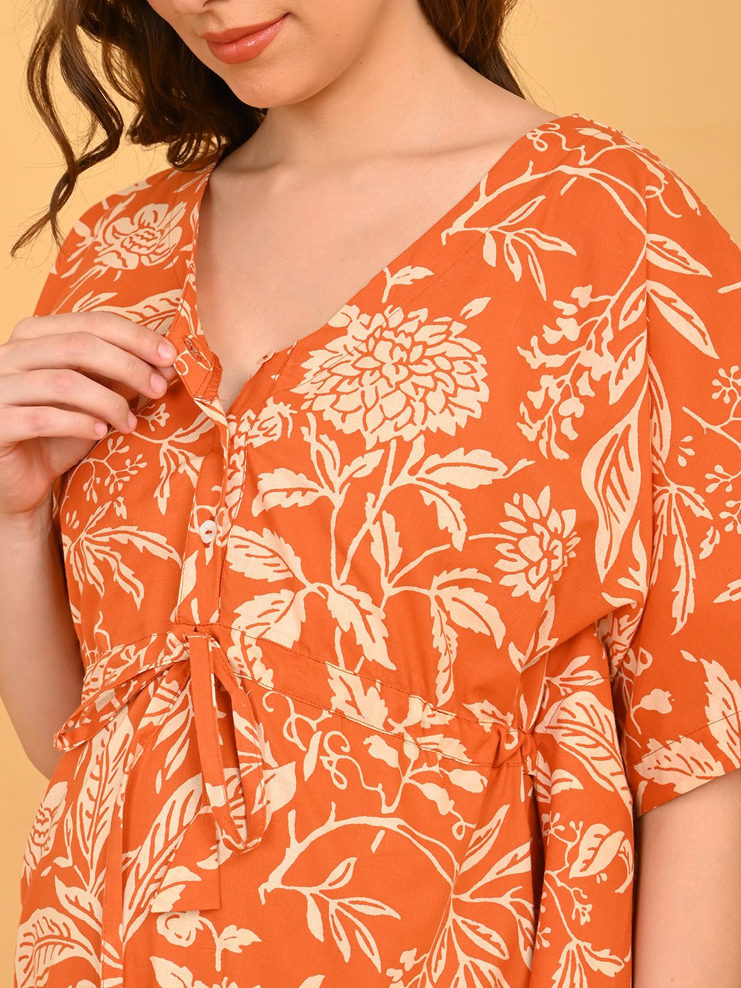 Happy Hues Maternity and Nursing Kaftan Nighty angled close-up showing button opening for breastfeeding access.