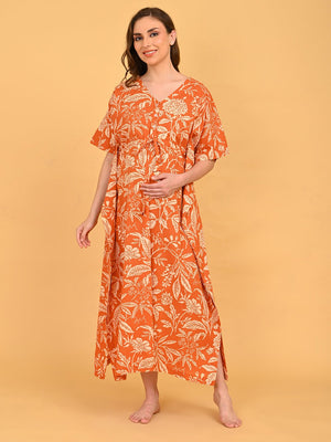 Happy Hues Maternity and Nursing Kaftan Nighty full-length pose with model gently cradling bump, showcasing comfort and coverage.