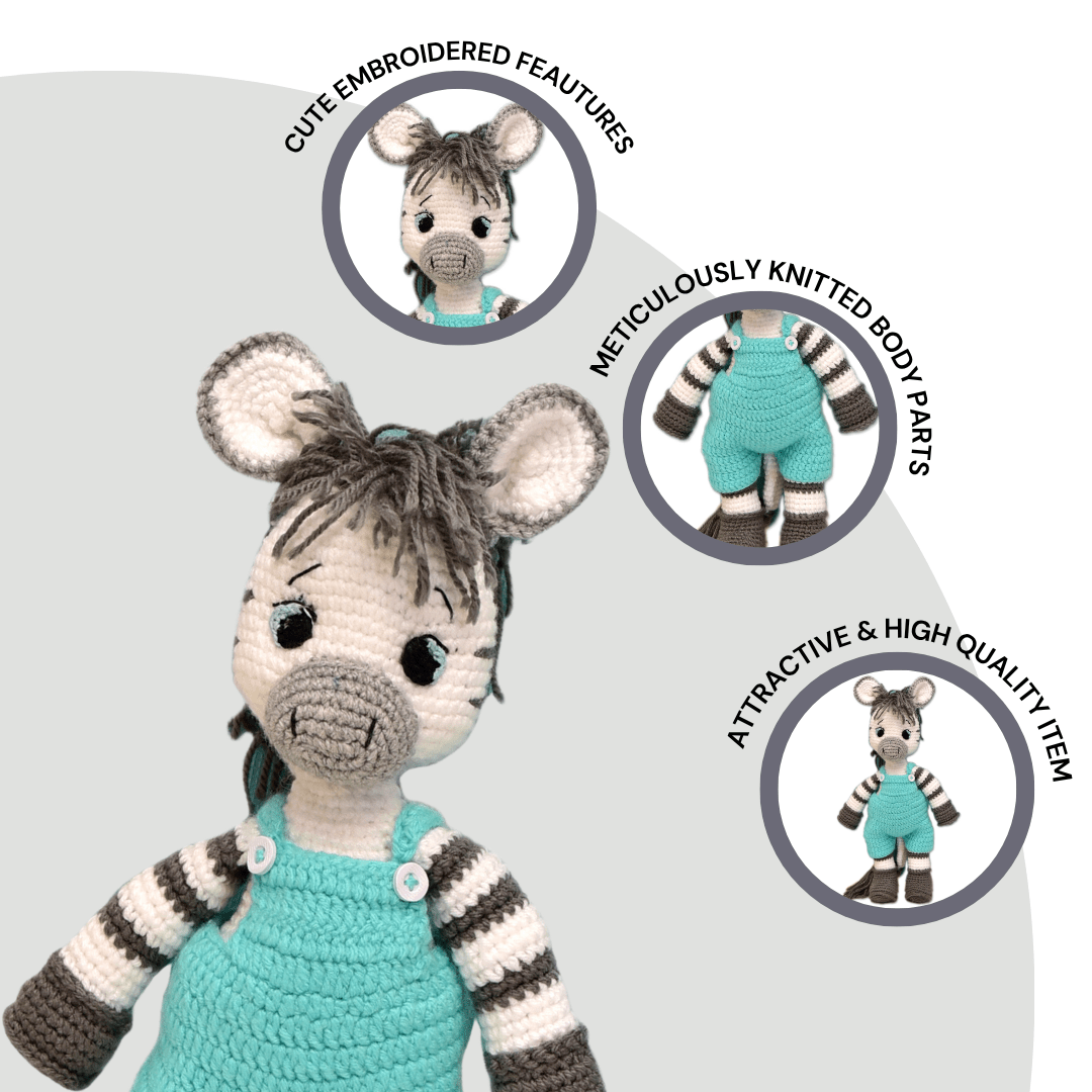 Happy Threads | Albert the Zebra – Handmade Crochet Plush Toy | Soft & Safe Cuddly Companion for Kids - ID23A032