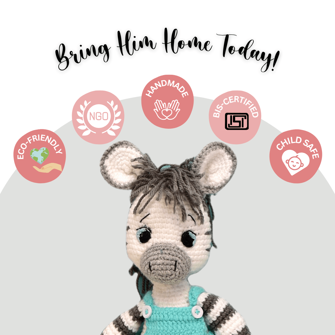 Happy Threads | Albert the Zebra – Handmade Crochet Plush Toy | Soft & Safe Cuddly Companion for Kids - ID23A032