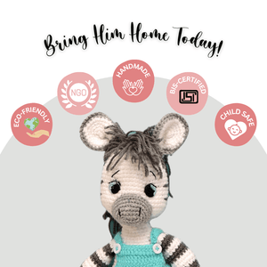 Happy Threads | Albert the Zebra – Handmade Crochet Plush Toy | Soft & Safe Cuddly Companion for Kids - ID23A032