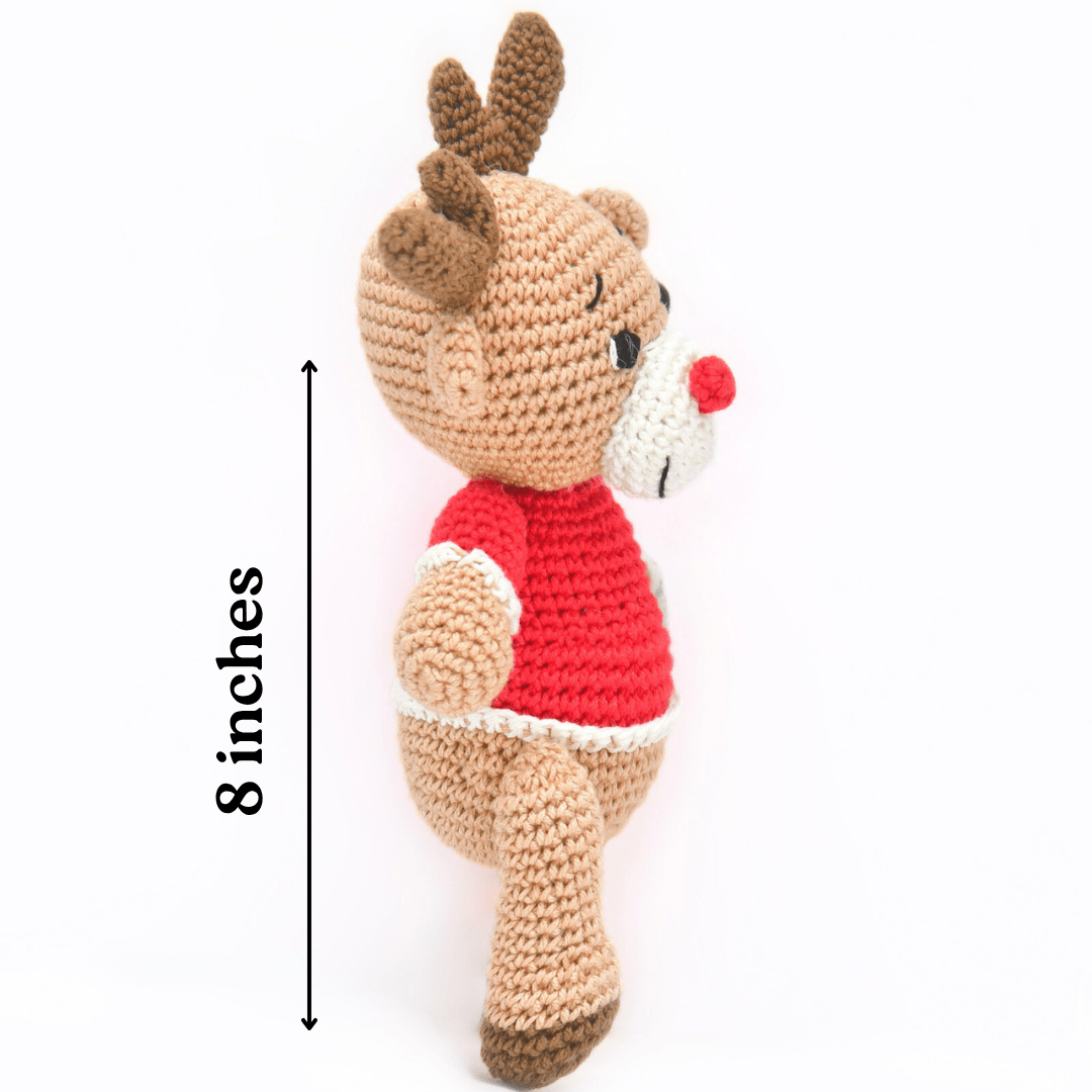 Happy Threads | Cheerful Crochet Boy Reindeer Soft Toy – Handcrafted Holiday Gift & Décor - Christmas Decor