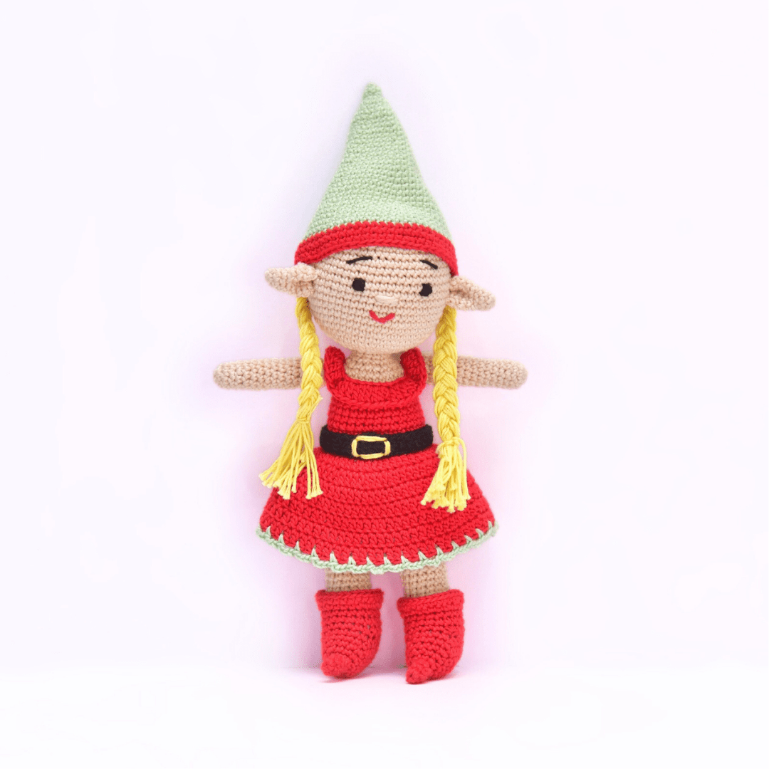 Happy Threads | Cheerful Crochet Girl Elf Soft Toy – Handcrafted Holiday Delight - Christmas Decor