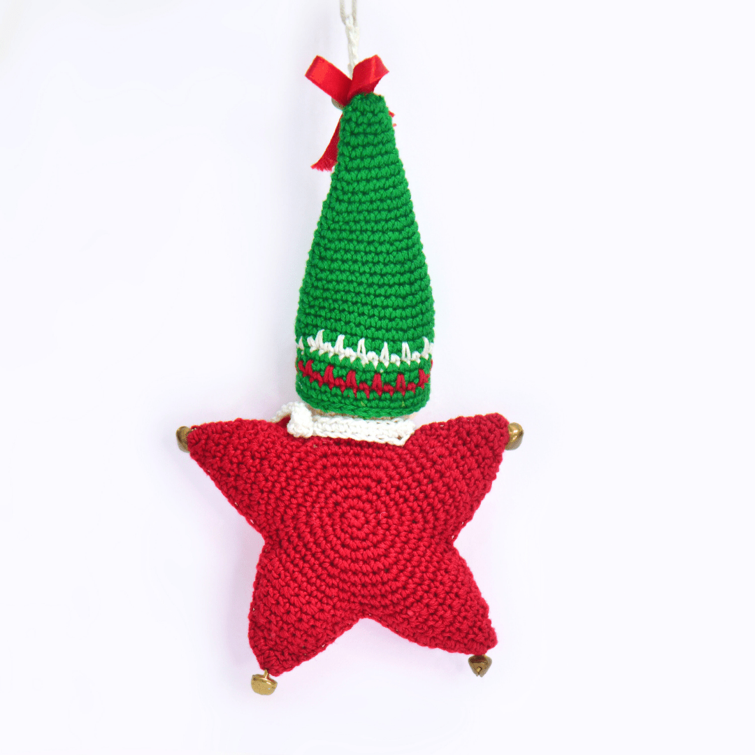 Happy Threads | Christmas Star Elf Amigurumi Ornament | Handmade Holiday Tree Decoration - Christmas Decor