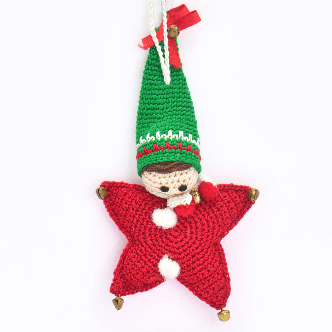 Happy Threads | Christmas Star Elf Amigurumi Ornament | Handmade Holiday Tree Decoration - Christmas Decor
