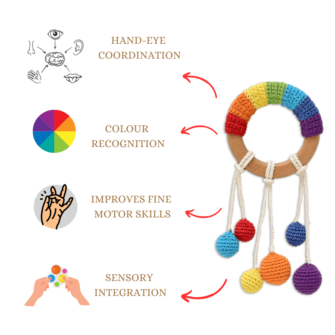 Happy Threads | Colorful Rainbow Ring Rattle - Handmade Crochet Baby Rattle - ID23A106