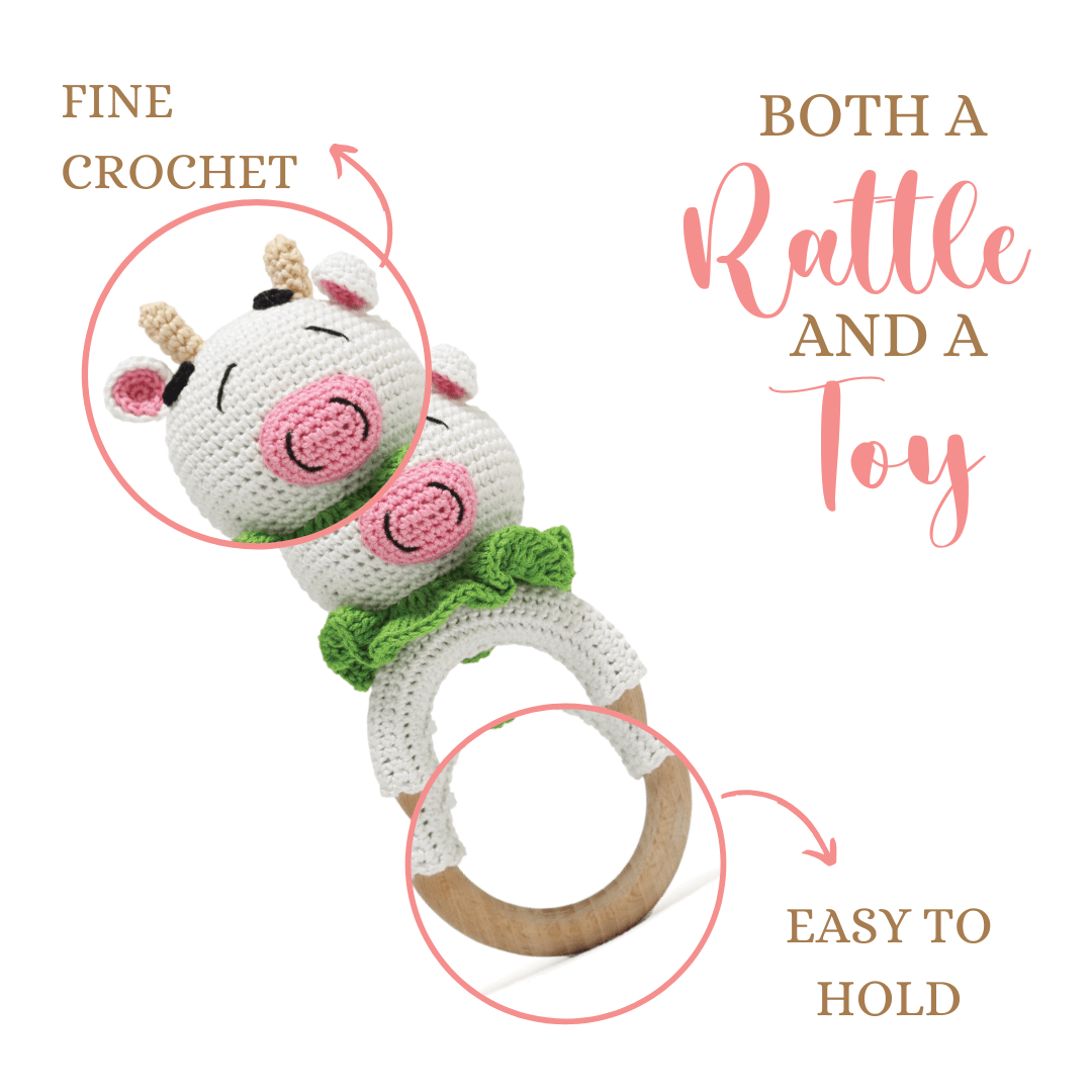 Happy Threads | Cute Cow Rattle - Soft Handmade Crochet Baby Toy - CWRE0612