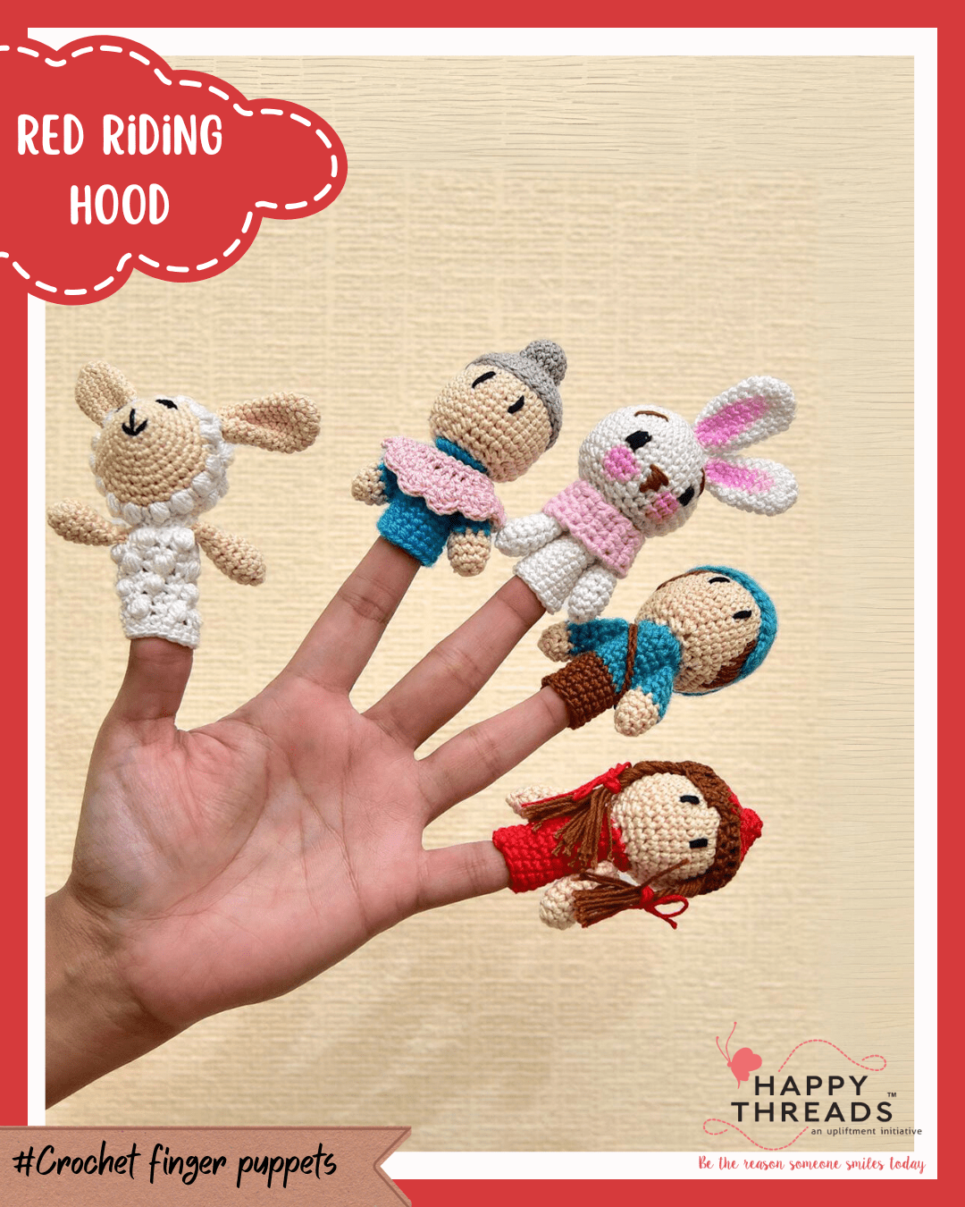 Happy Threads Red Riding Hood Finger Puppet – Handcrafted Amigurumi Toy | Fun, Safe & Creative Play - Crochet Toy