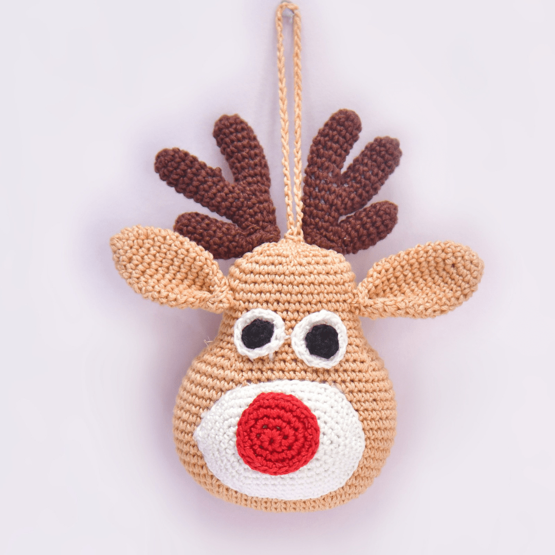 Happy Threads | Whimsical Crochet Reindeer Face Ornament – Handcrafted Christmas Décor - Christmas Decor