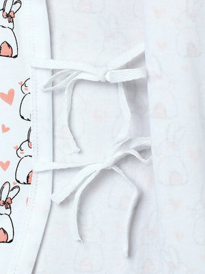 Close up picture of a side ties of jabla style romper with rabbit designs from the mom store