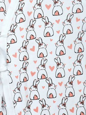 Close up Picture of a jabla style romper from the mom store showing rabbit designs