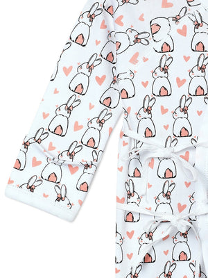 Close up picture of a limb of jabla style romper with rabbit designs from the mom store