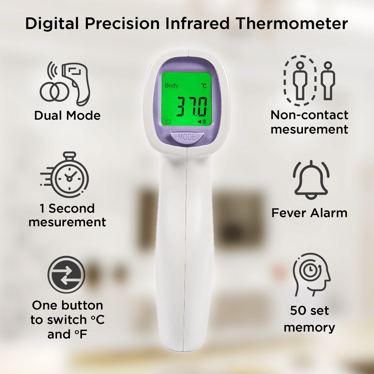 HeTaiDa Non Contact Infrared Thermometer - White - HTD8813C