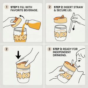 glass drinking jar with silicone lid and reusable straw