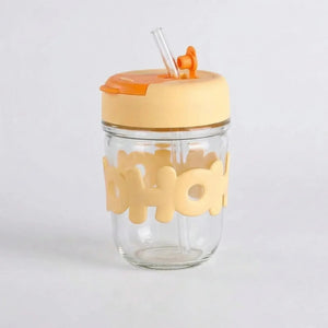 hoho cute glass milk jar with straw and silicone lid