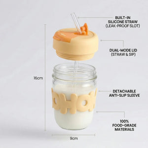 eusable glass smoothie cup with straw and lid