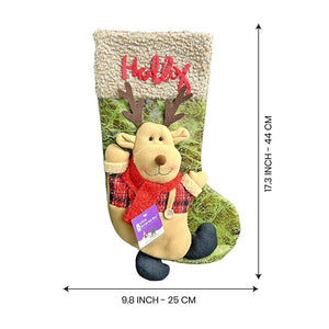 Holly Lettering Reindeer Christmas Stocking, 18 inches - XMAS STOCKINGS